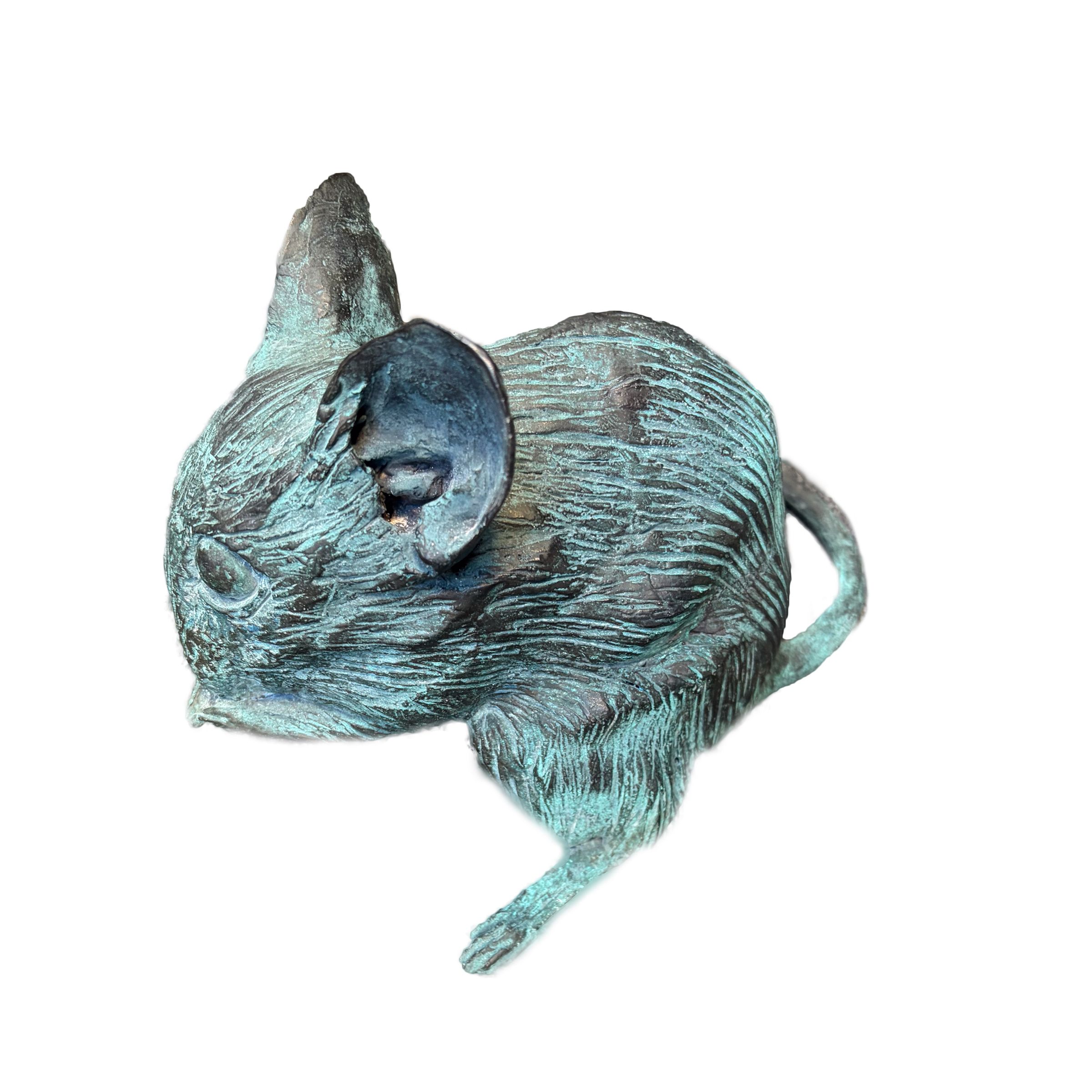 Bronze sculpture of a small resting mouse with green patina.