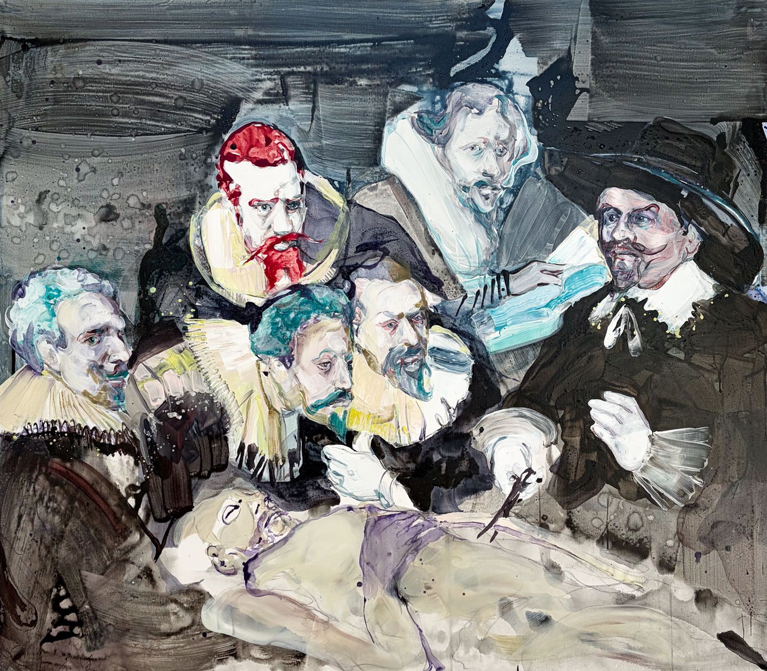 Maleri af Andrea Bender med parafrase over Rembrandts anatomilektion — syv figurer står omkring en liggende nøgen krop, ekspressivt malet i stærke farver.