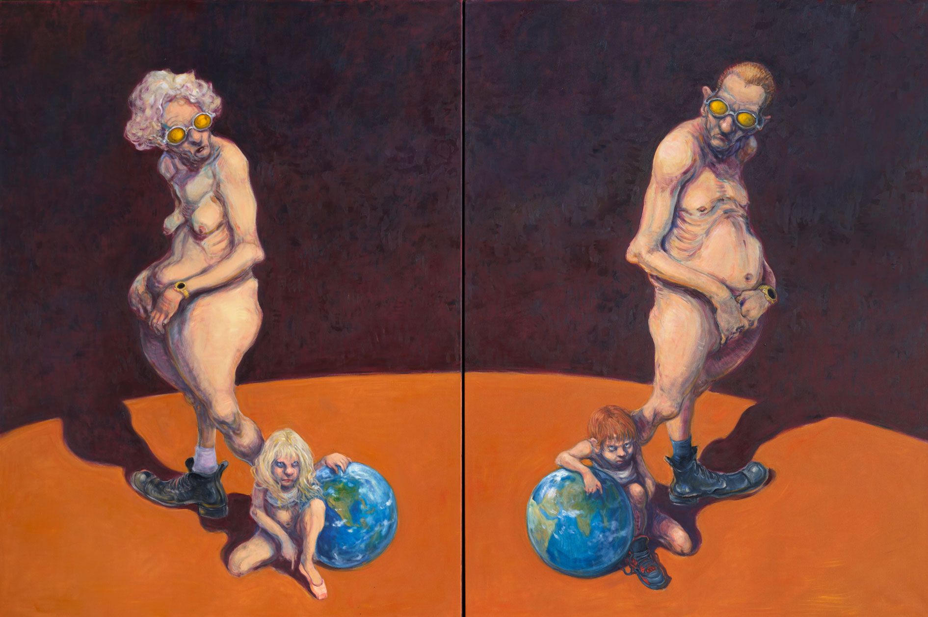 To nøgne voksne figurer står over børn, der sidder ved hver sin jordklode i et diptykonmaleri.