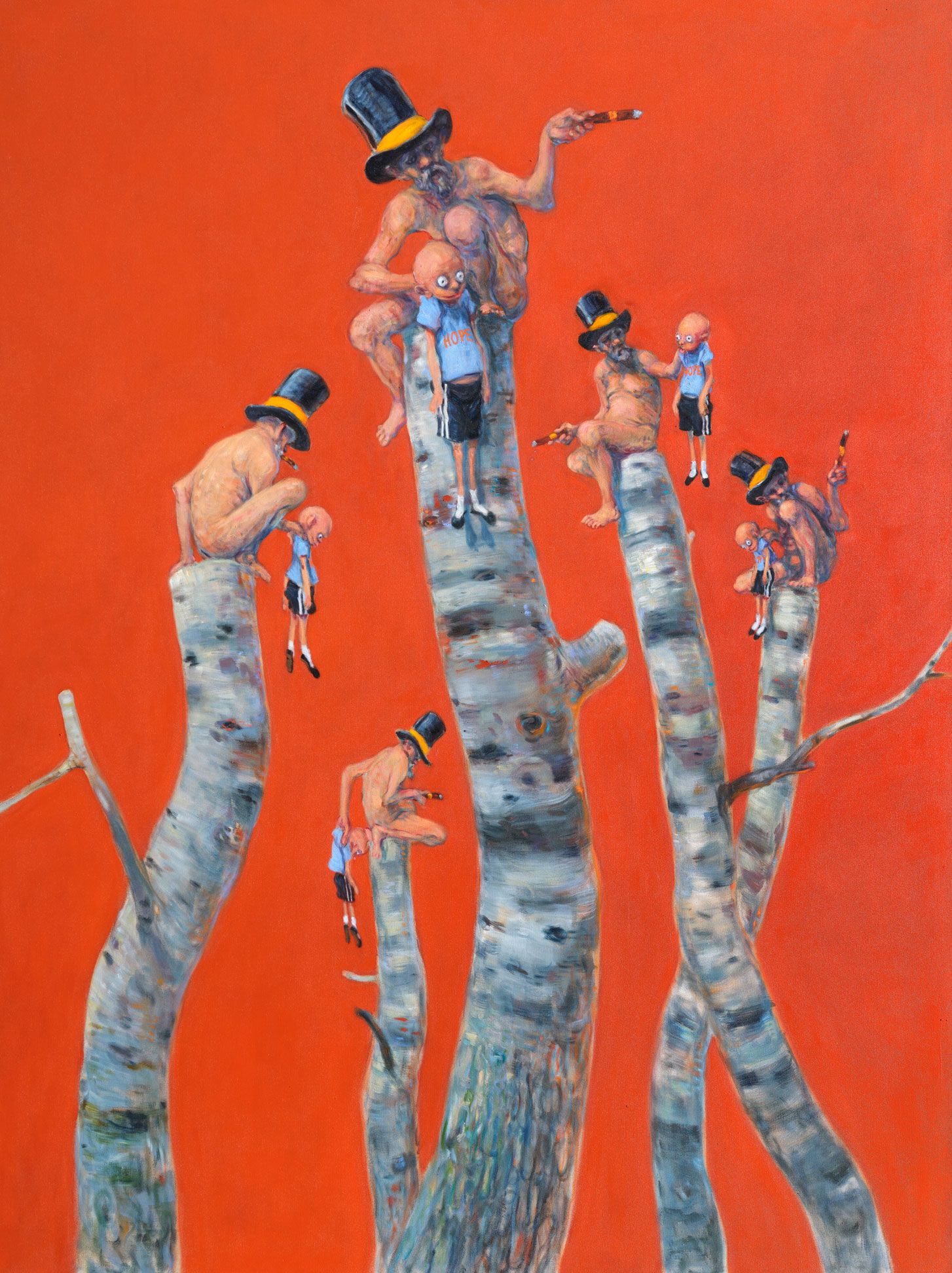 Nøgne mænd med høje hatte sidder på høje træstammer og holder små drengefigurer mod en rød baggrund.