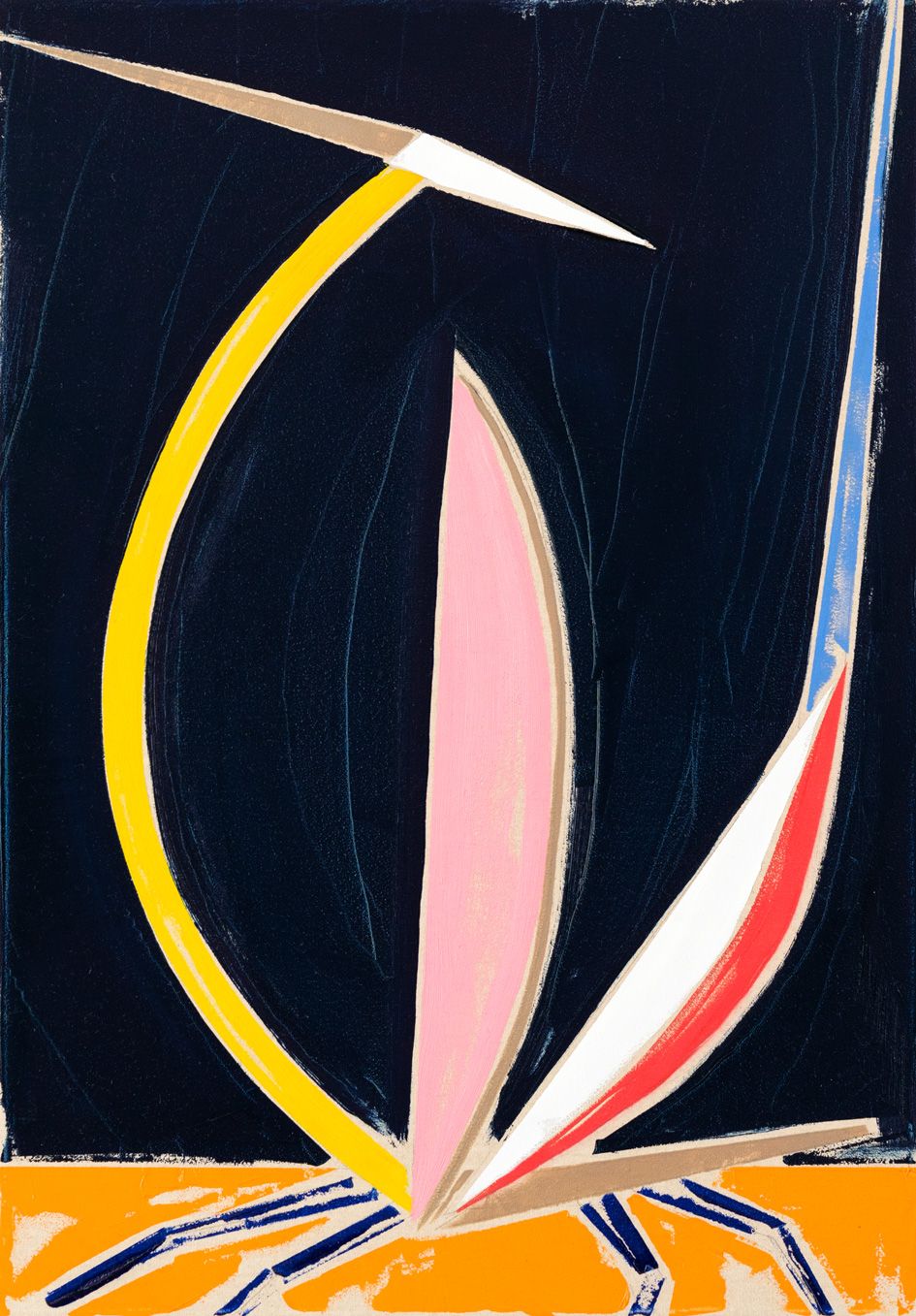 Abstract composition with curved yellow, pink, and white forms against a dark background.