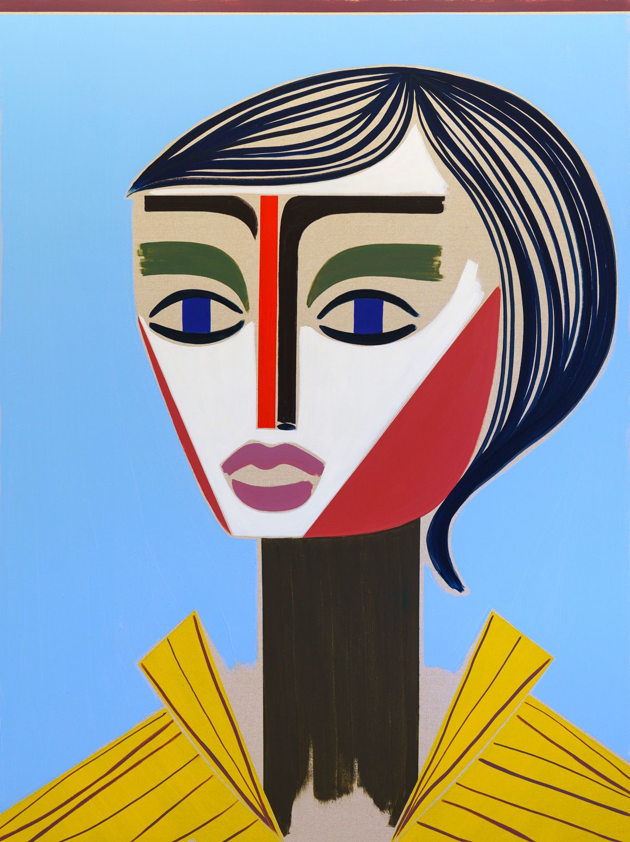 Stylized portrait of a figure wearing a yellow shirt with graphic facial features against a light blue background.