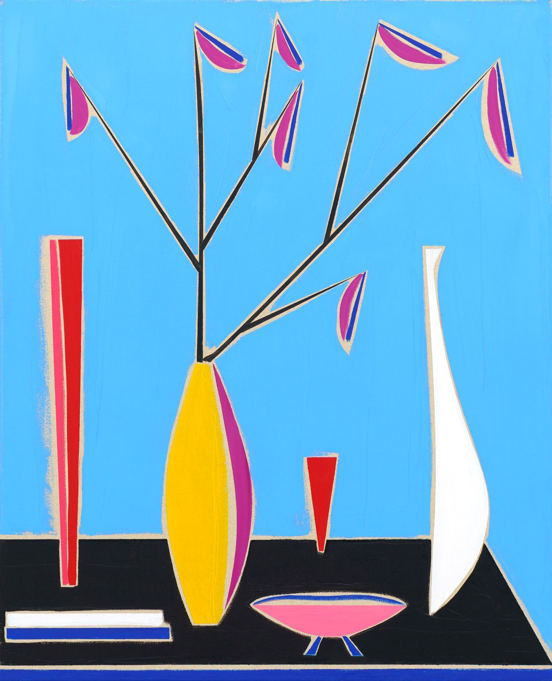 Stiliseret stilleben med gul vase, grene og geometriske objekter på blå baggrund.