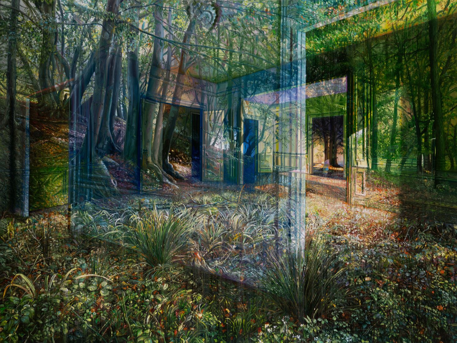 Maleri af en skov med indlejrede arkitektoniske strukturer som døre og vægge, gengivet i transparente, lagdelte farver.