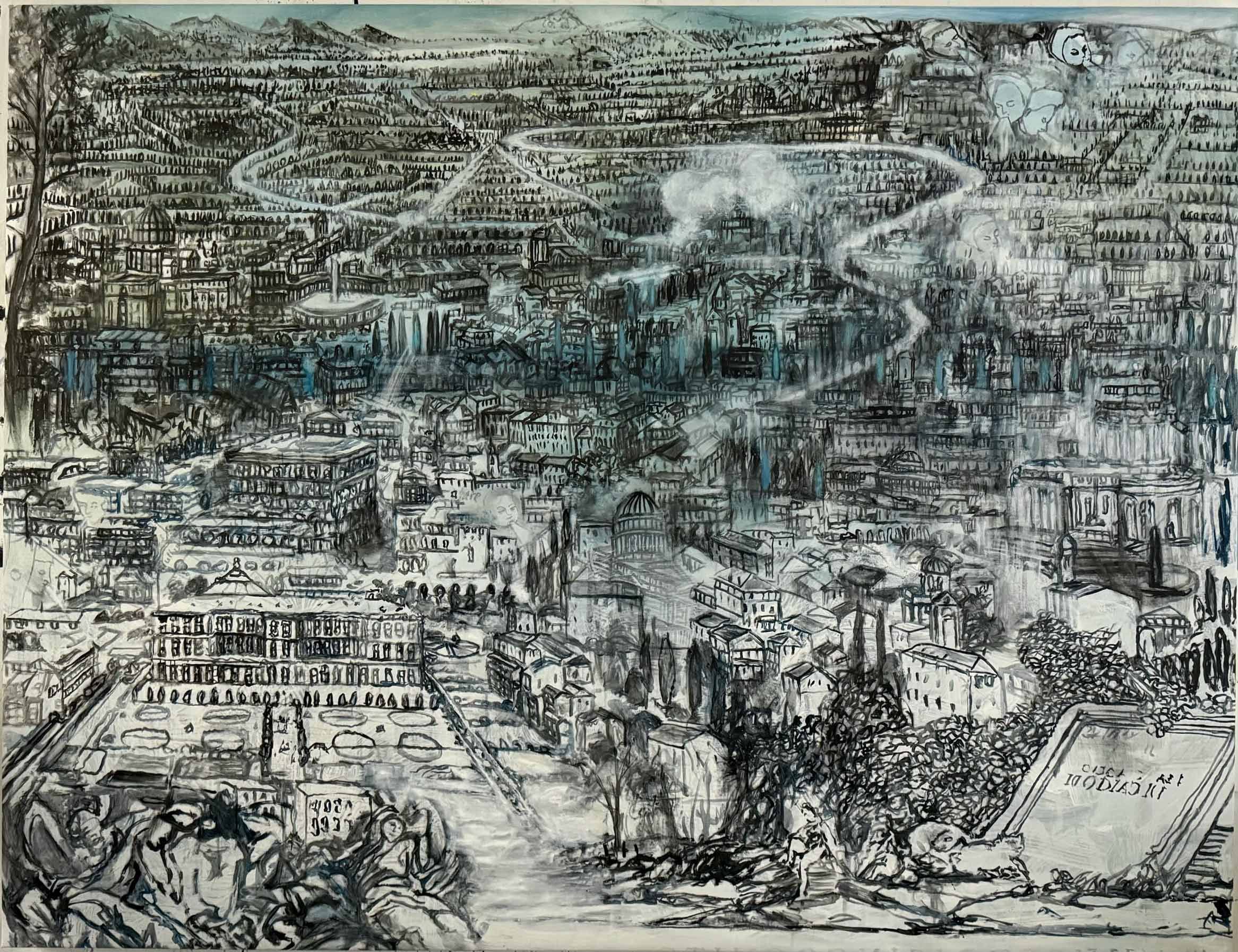 Detaljeret maleri af en stor by med historiske bygninger, veje og landskab set fra oven i sort-hvide toner.