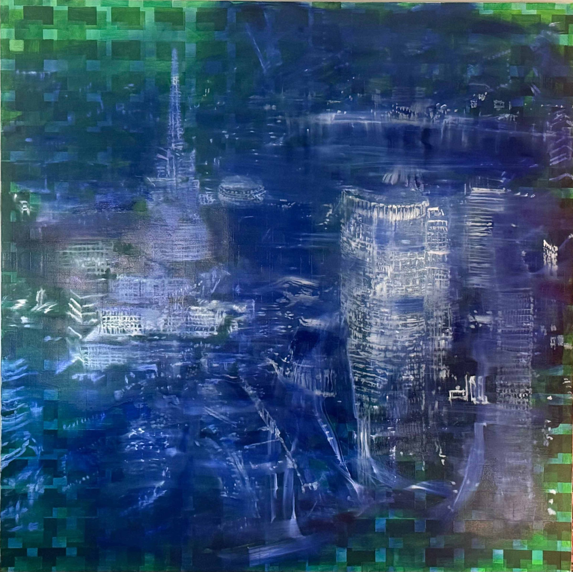 Abstrakt maleri af en by om natten i blå og grønne toner med opløste bygninger og lysende effekter.