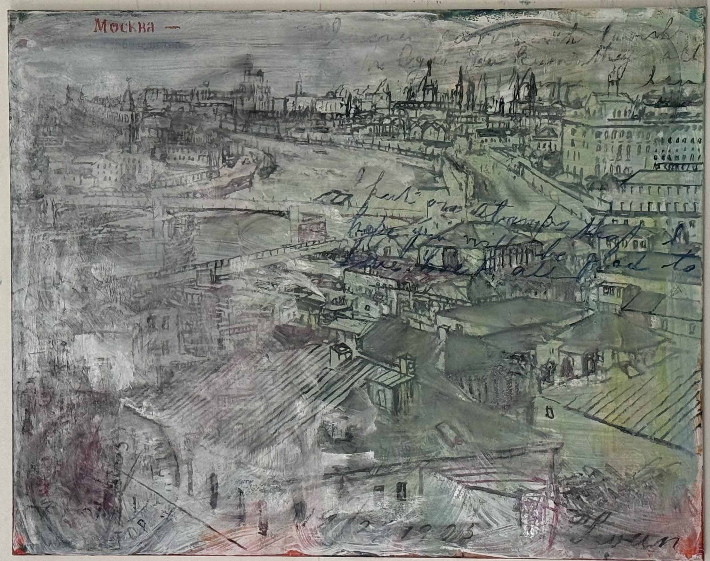 Maleri af en by med flod og broer i dæmpede grågrønne toner med tekst skrevet hen over motivet.