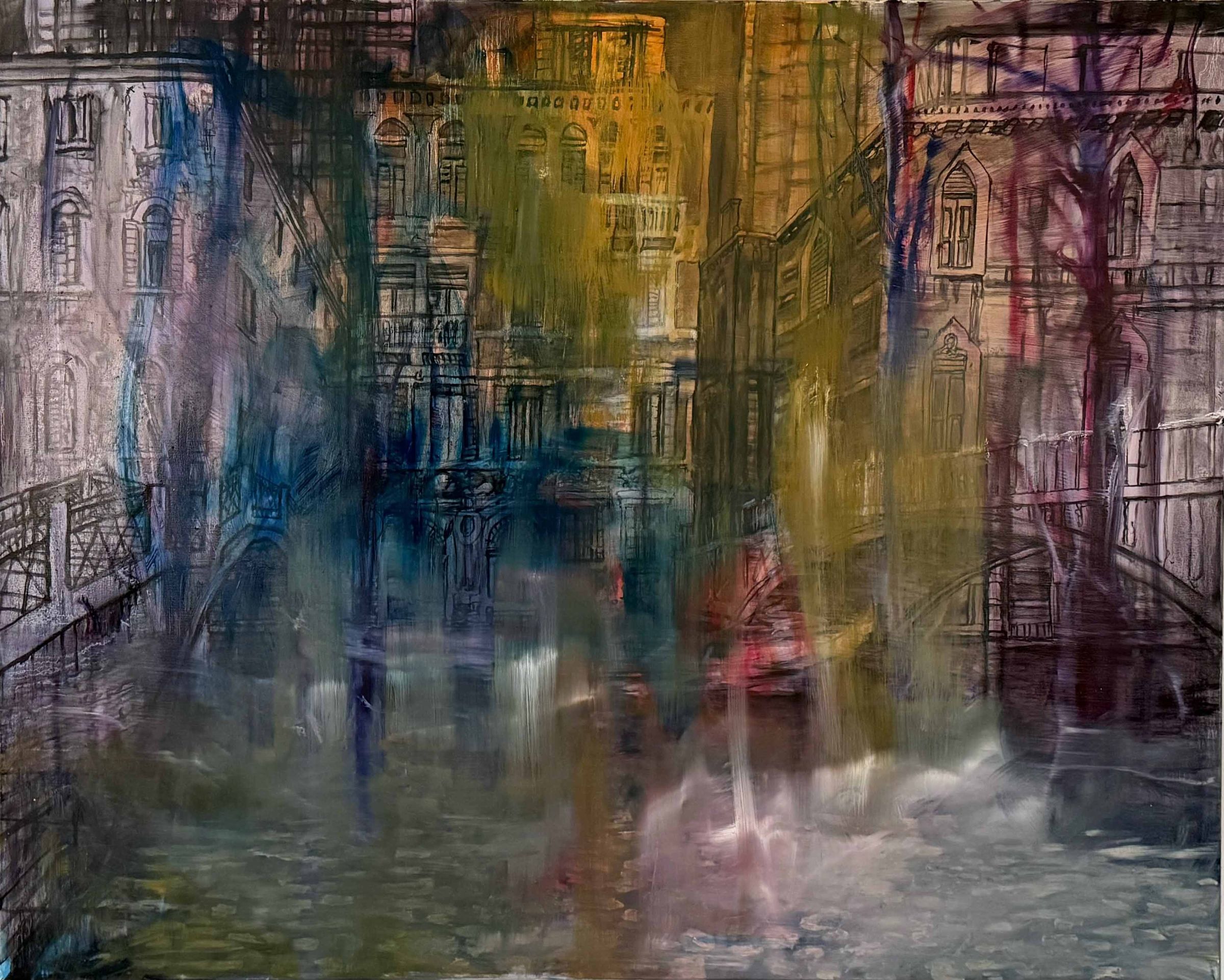 Maleri af en by med to broer og vand i mørke, slørede farver, hvor bygninger og refleksioner flyder sammen.