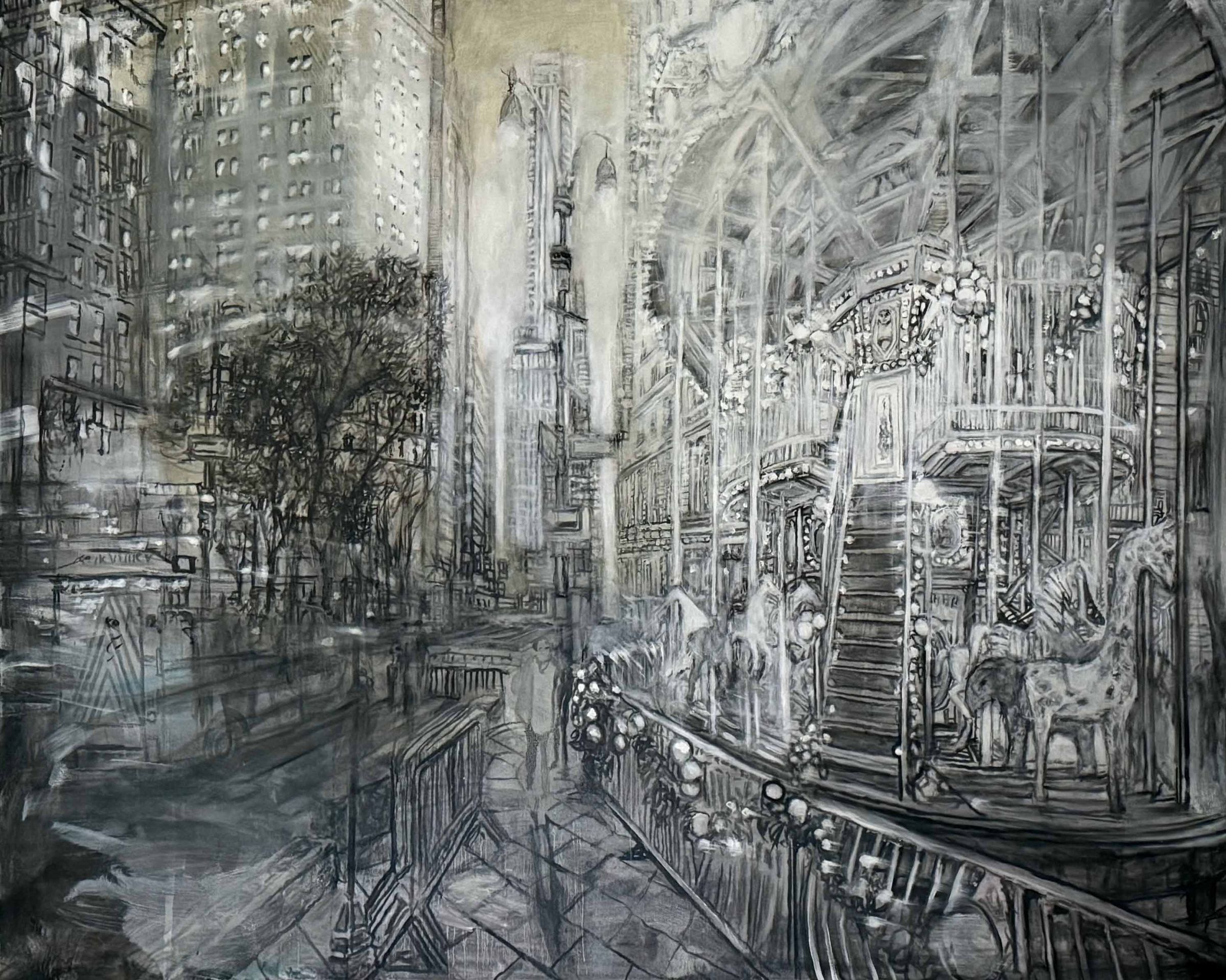 Maleri af en tom karrusel i en by med bygninger og træer i grålige nuancer.