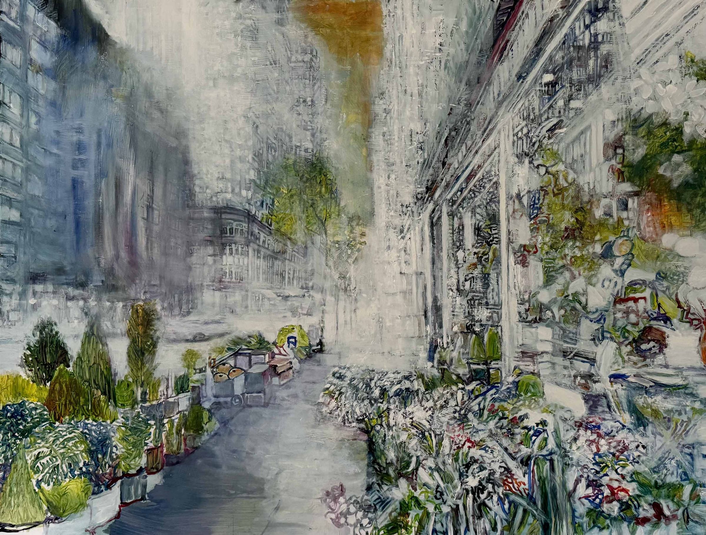 Maleri af en bygade med blomsterbutik og planter i lyse, opløste farver.