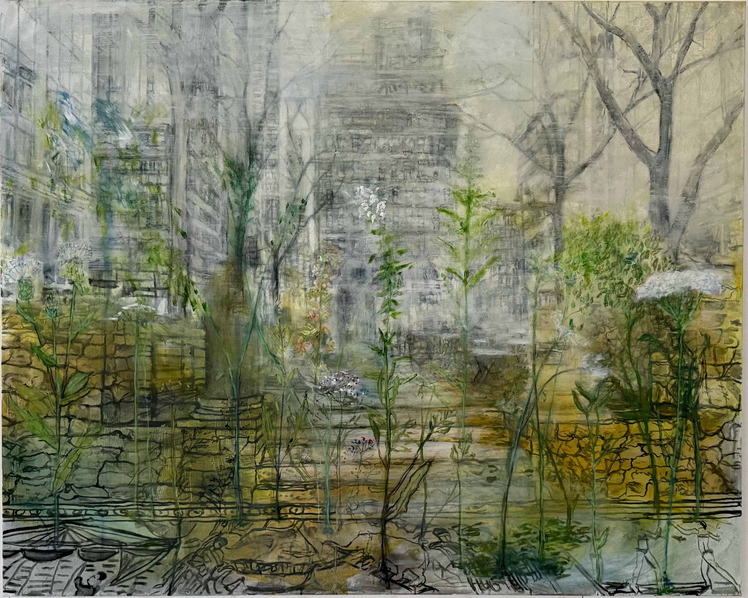 Maleri af planter og blomster, der vokser frem i en by med bygninger i baggrunden i dæmpede grønne og grå toner.