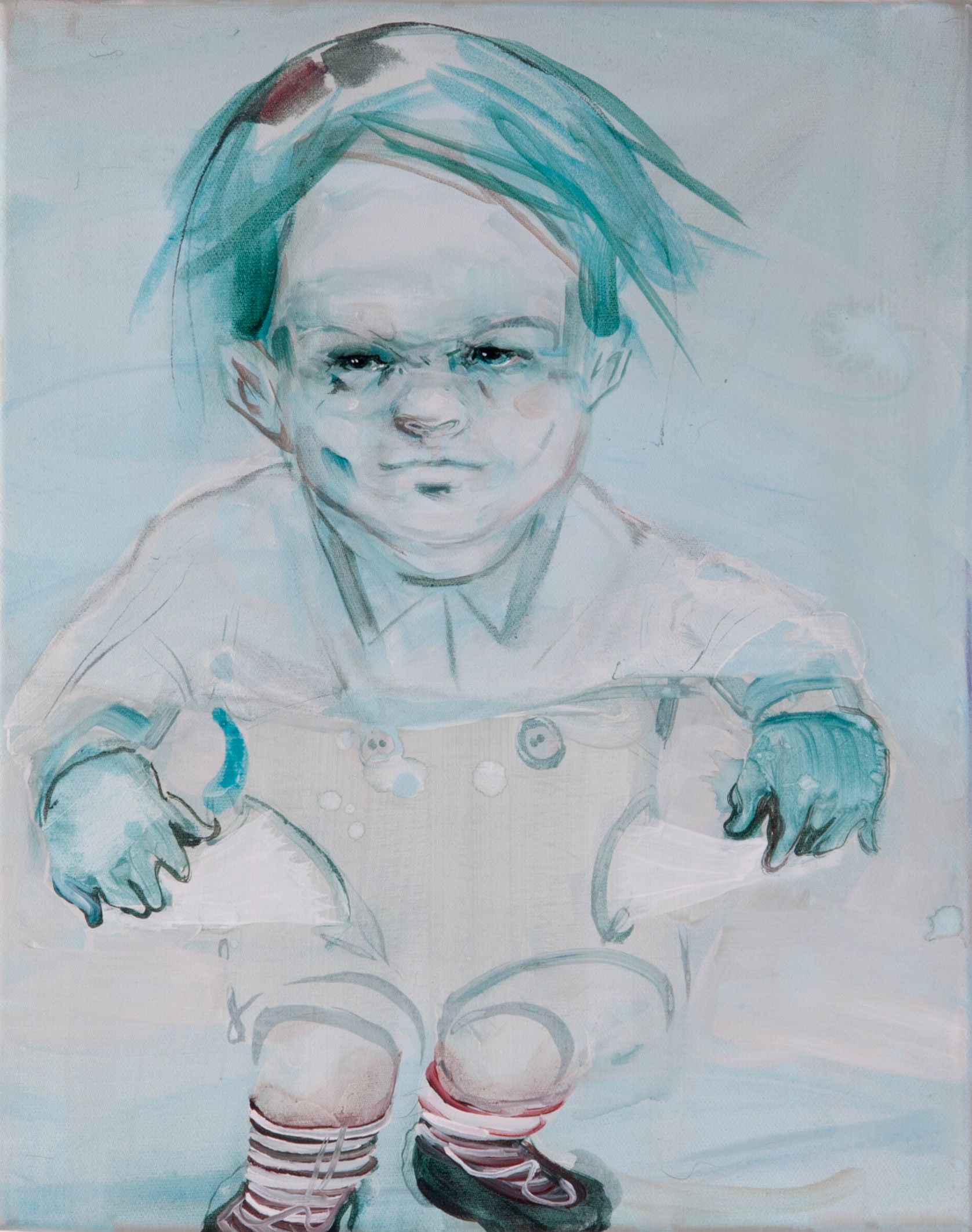 Maleri af Andrea Bender med et barn i blålige nuancer, siddende med tomme lommer og intenst blik – 2025