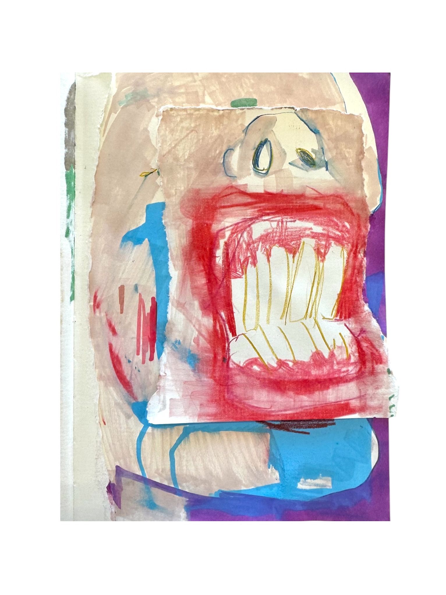 Expressive portrait with an open mouth and visible teeth, created with layered paint and drawing on paper.
