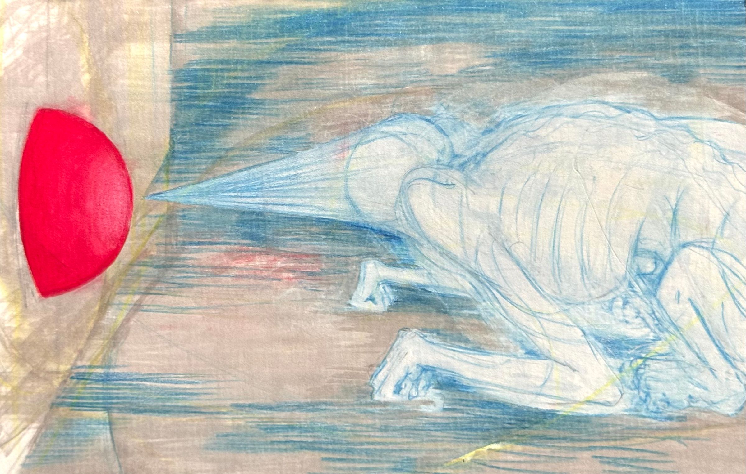 Drawing of a curled human figure with a red shape on the left against a sketch-like background.