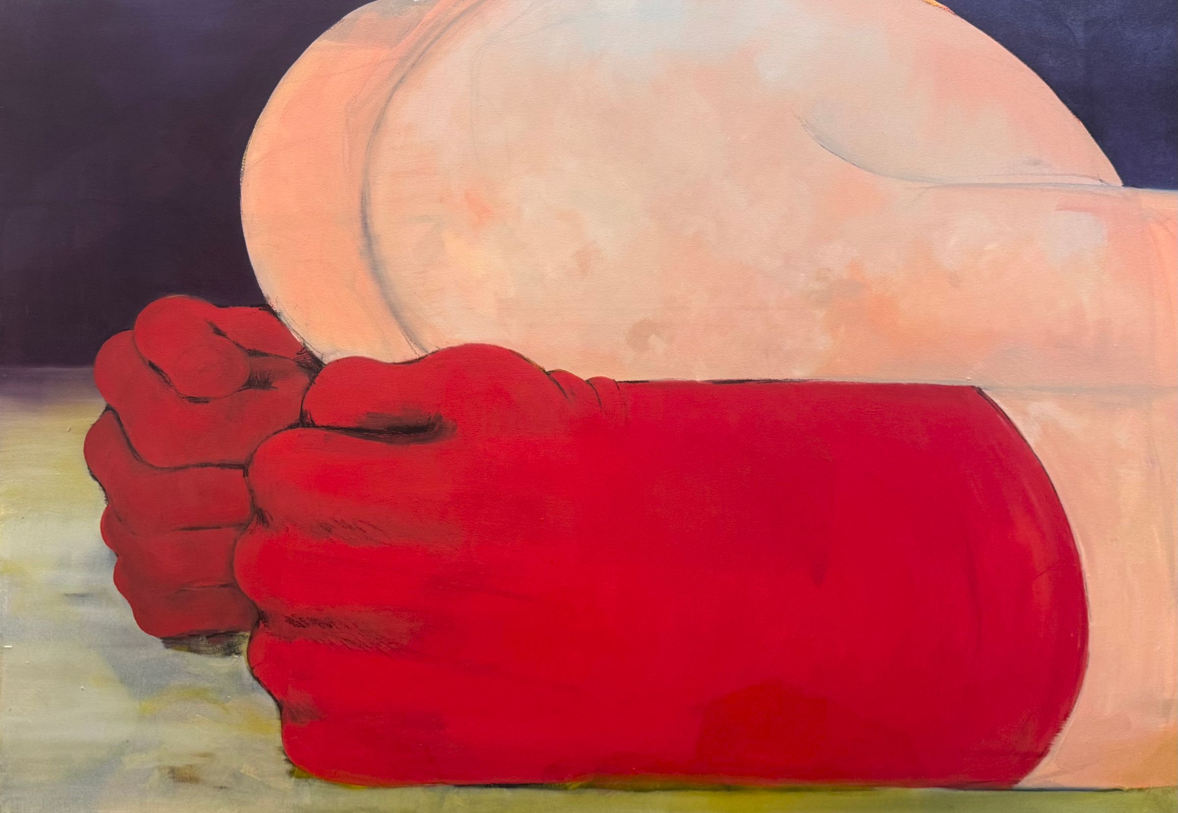 Painting of a large red hand in front of a pale body form in the background.