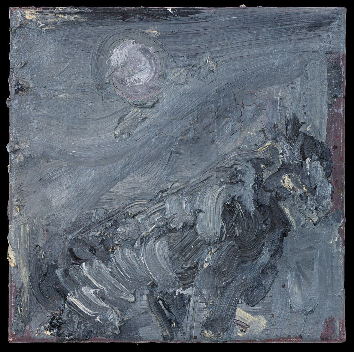 Christian Lemmerz, ekspressivt maleri i mørke gråtoner med dyrelignende figur under en måne, 2026