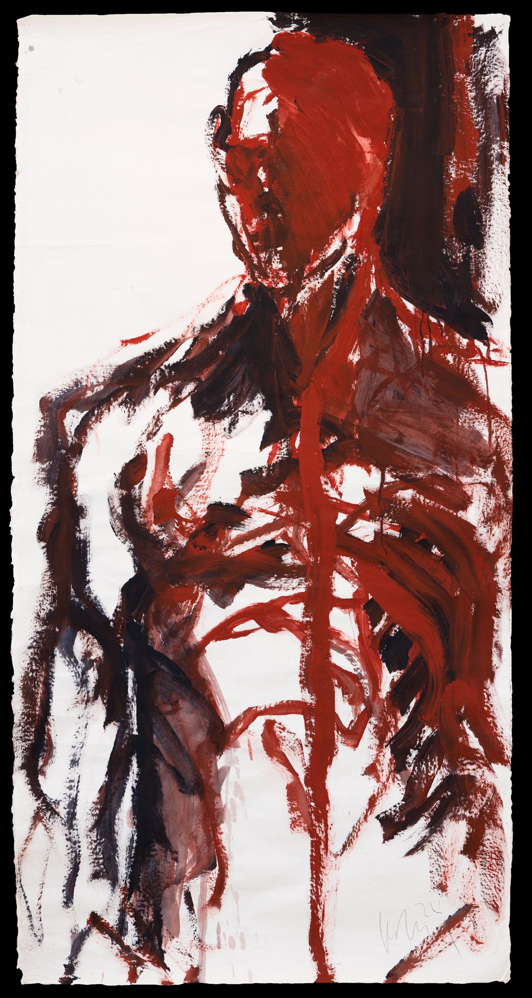 Expressive human figure in red and black brushstrokes on white, Christian Lemmerz, 2024