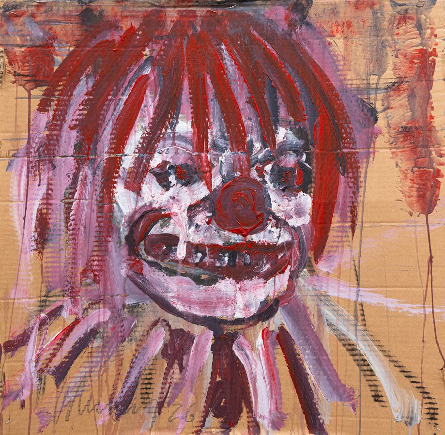 Expressive painting of a clown’s face in red, white, and violet tones on paper.
