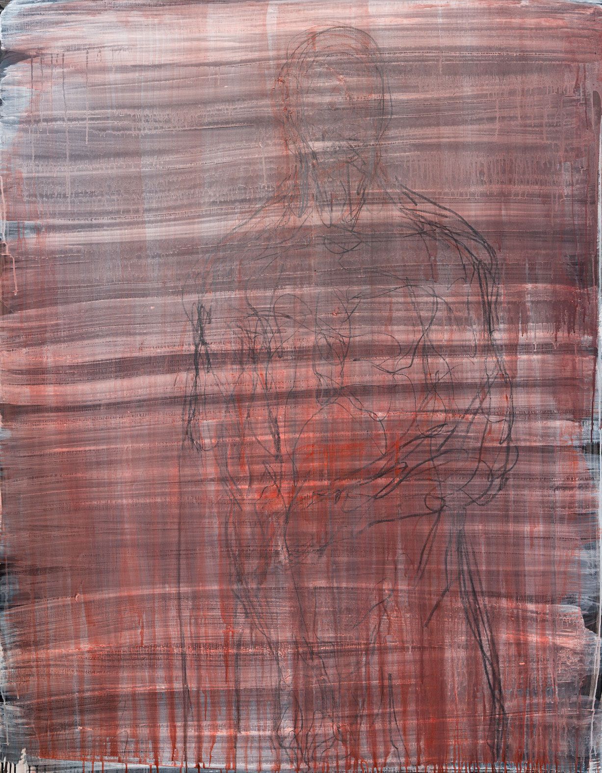 Semi-transparent figurative work by Christian Lemmerz – sketchy body drawn over red and black horizontal acrylic strokes – on Japanese paper – 2026