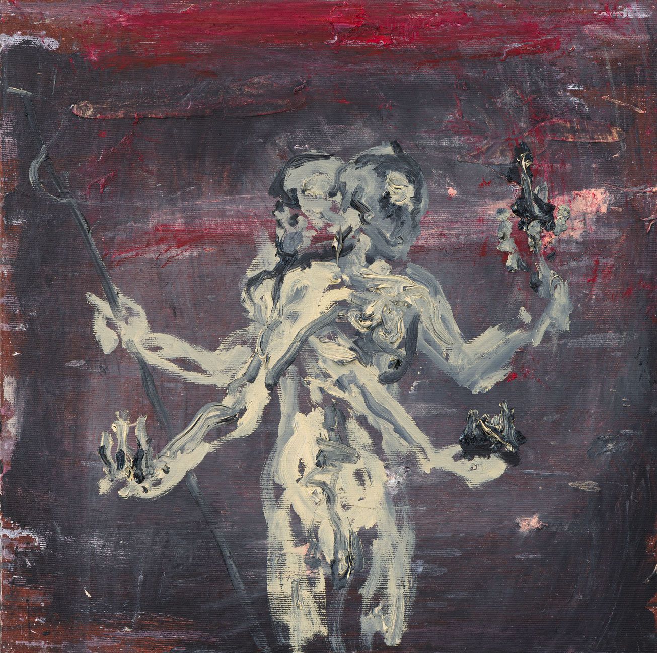 Christian Lemmerz, expressive painting of a multi-armed, gender-fluid figure in acrylic on canvas, dark purple and red tones, 2026