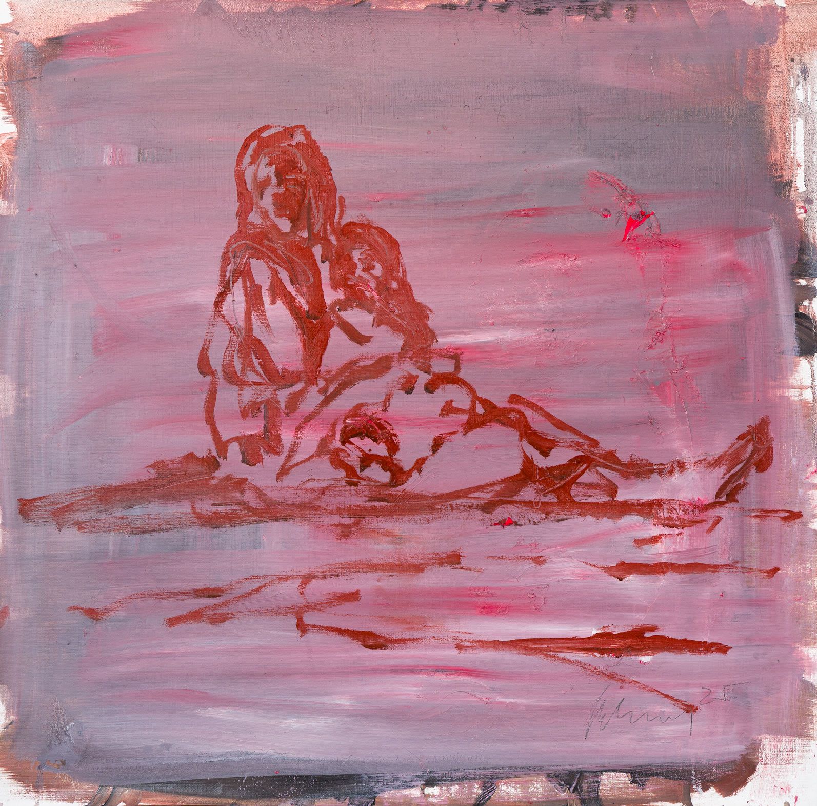 Red sketch of Madonna and child on pink background, Christian Lemmerz, 2026