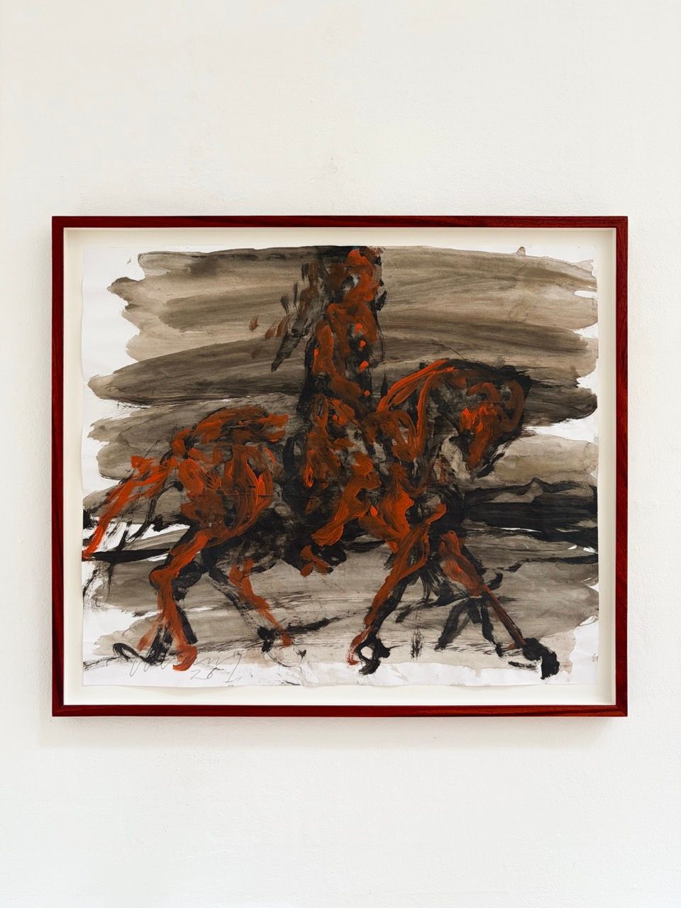Acrylic work on paper by Christian Lemmerz depicting a rider on horseback in black, grey, and burnt orange tones.