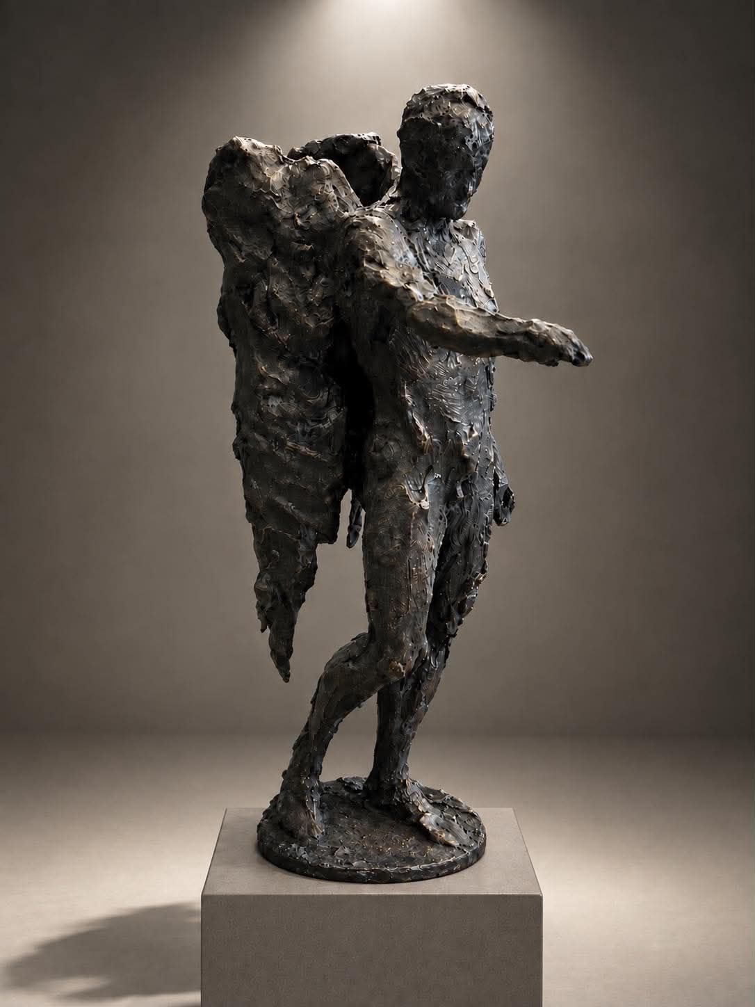 Bronzeskulptur af Christian Lemmerz forestillende en stående, bevinget menneskefigur med den ene arm strakt frem.