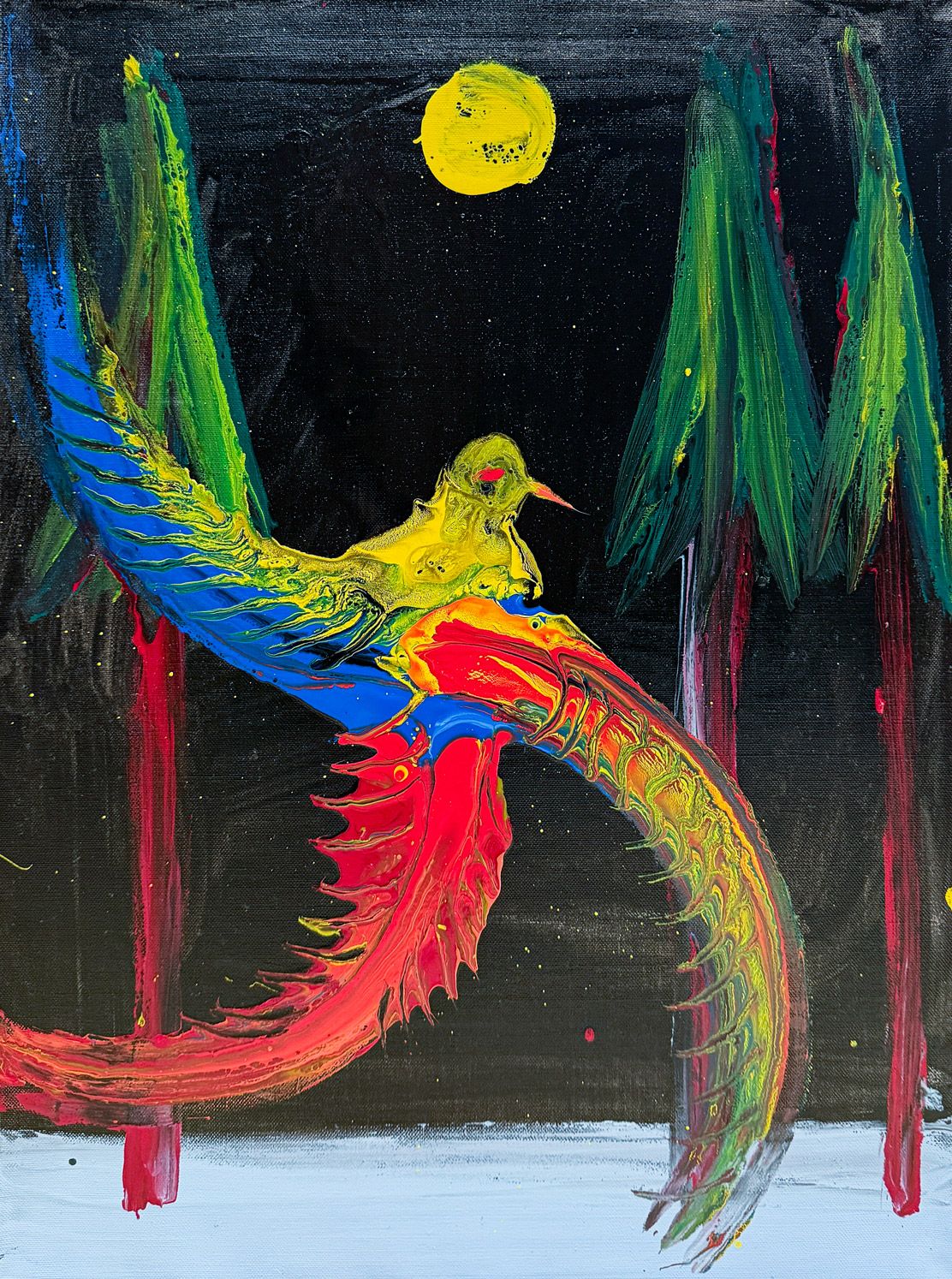 Farverigt maleri af en fugl med udbredte vinger og en mindre figur på ryggen under en gul måne.