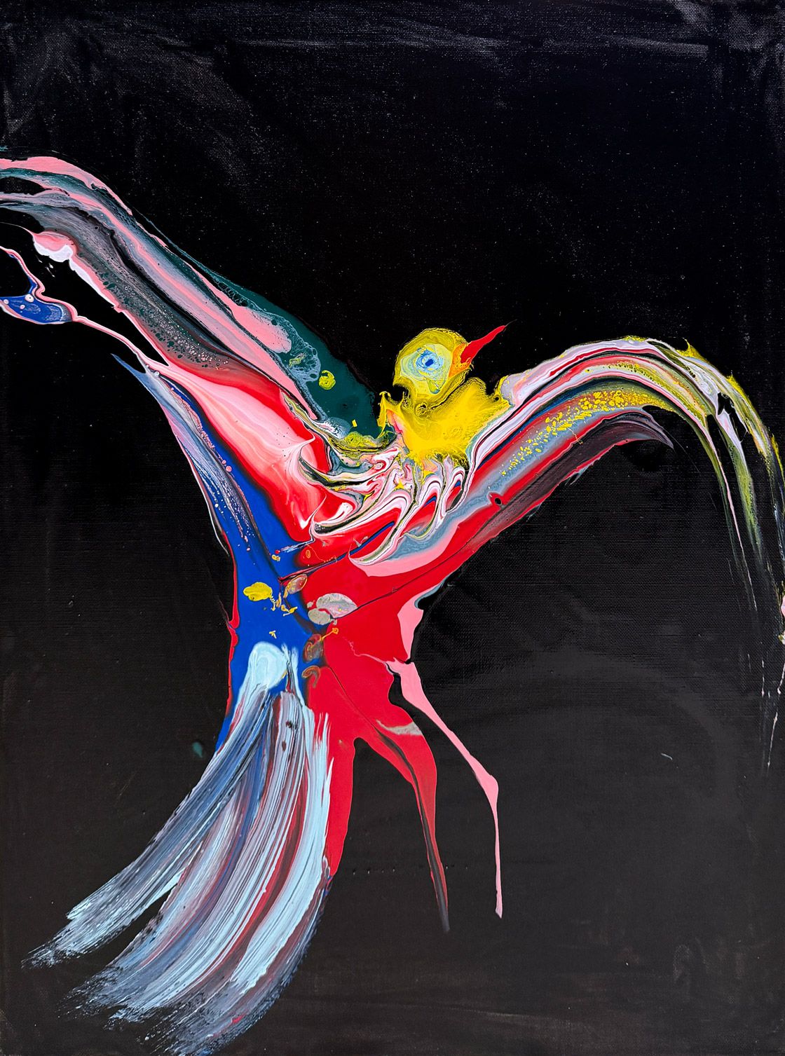 Farverigt maleri af en fugl i opadgående bevægelse med udbredte vinger og en lille figur på ryggen.