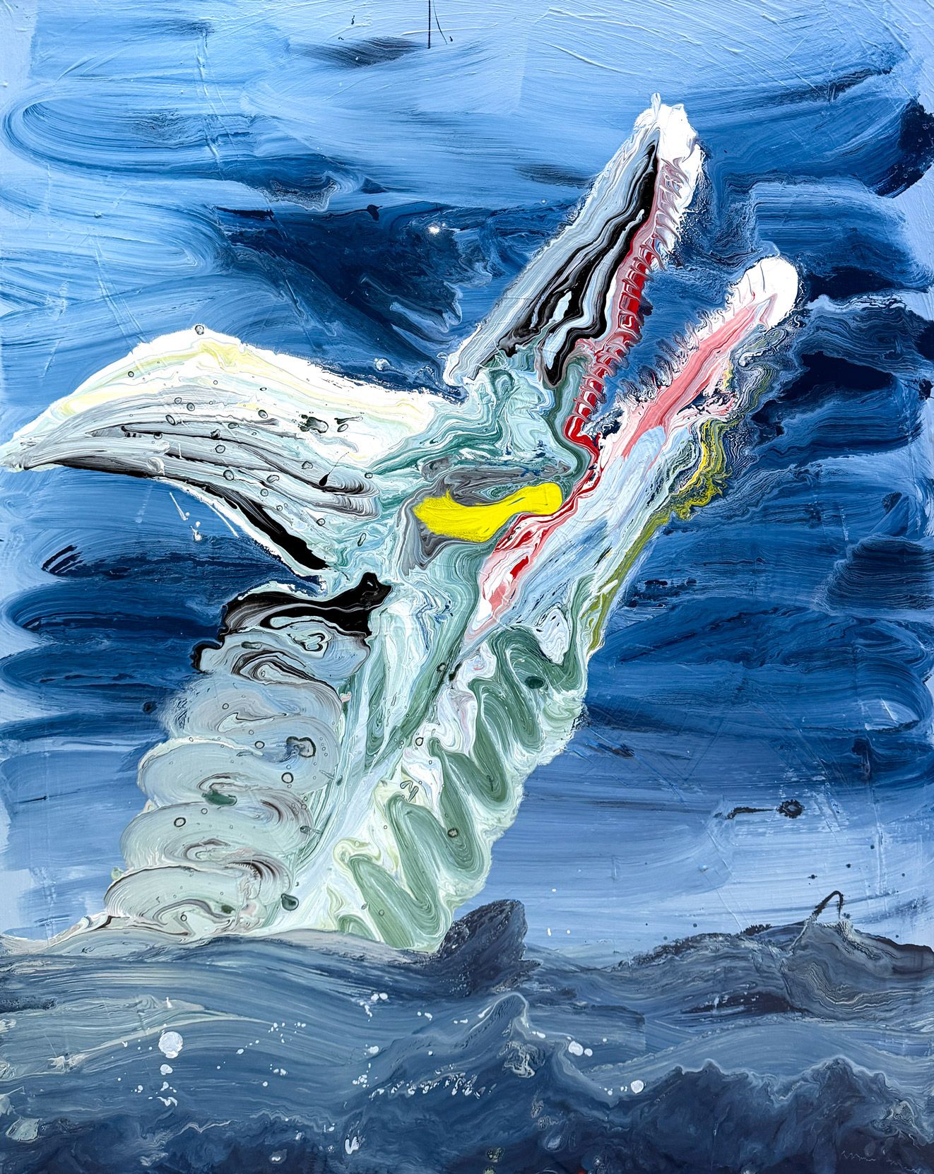 Abstrakt maleri af en havskabning med åbent gab i blå bølger.