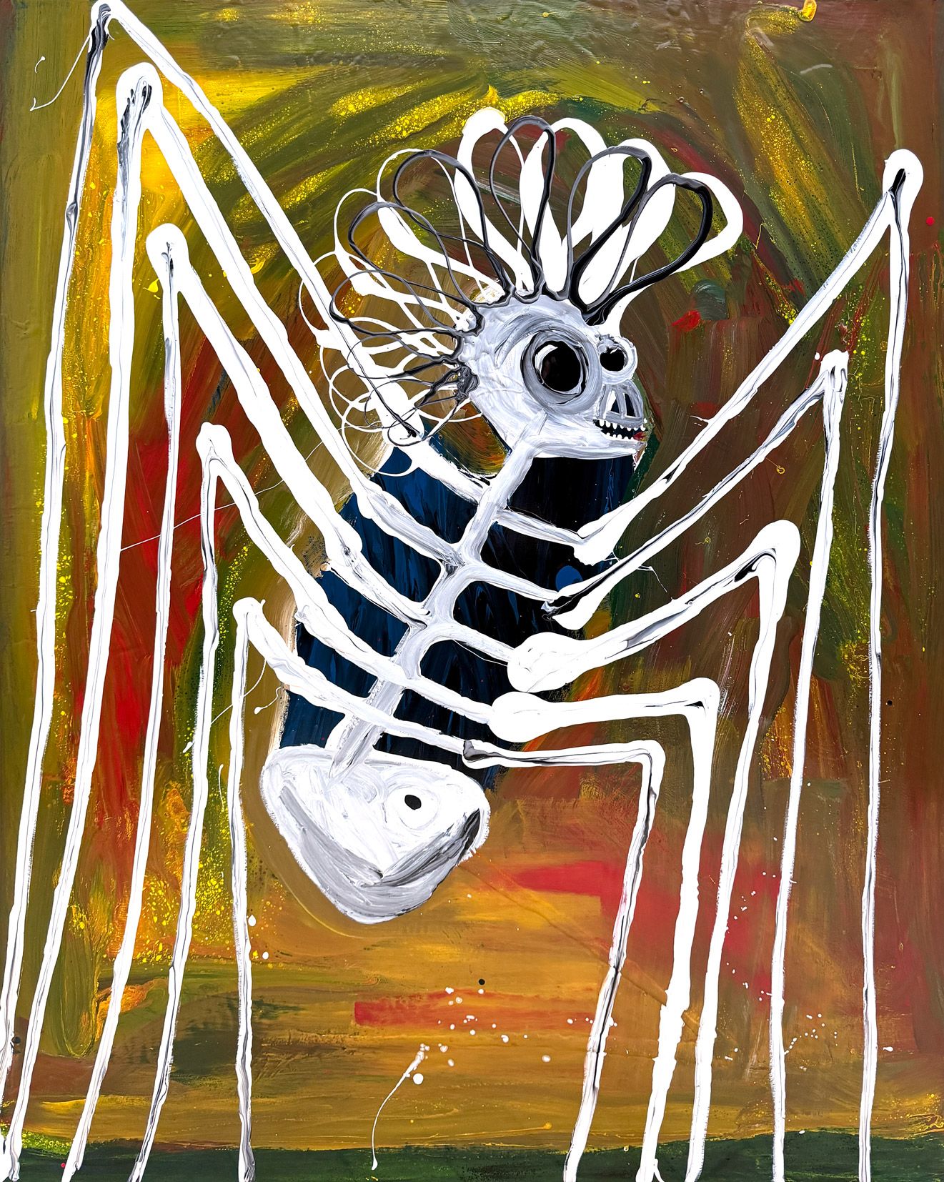 Abstrakt figur med lange, tynde lemmer og skeletlignende krop på farverig baggrund.