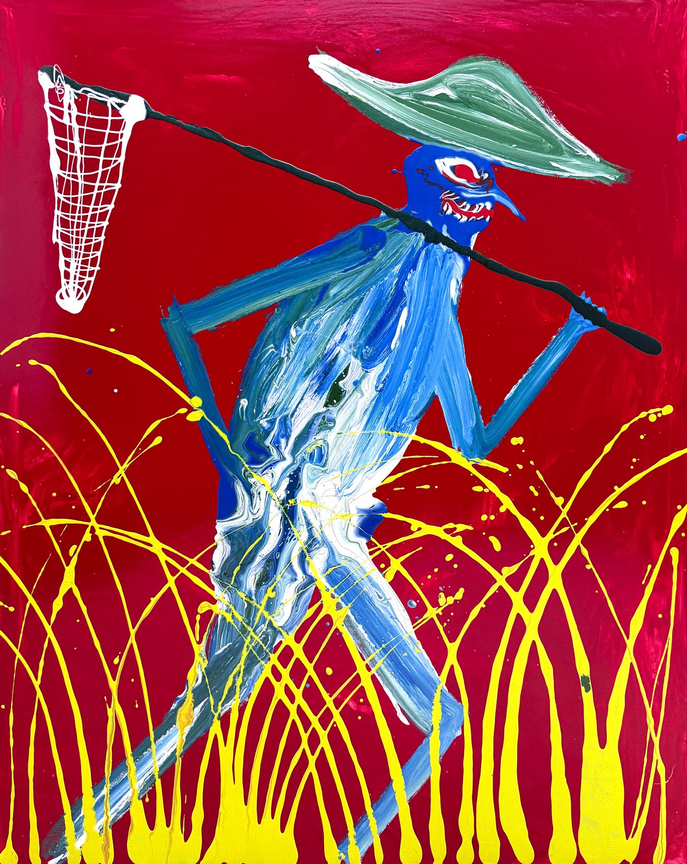 Farverigt maleri af en blå figur med hat og net på rød baggrund med gule malingsstrøg.