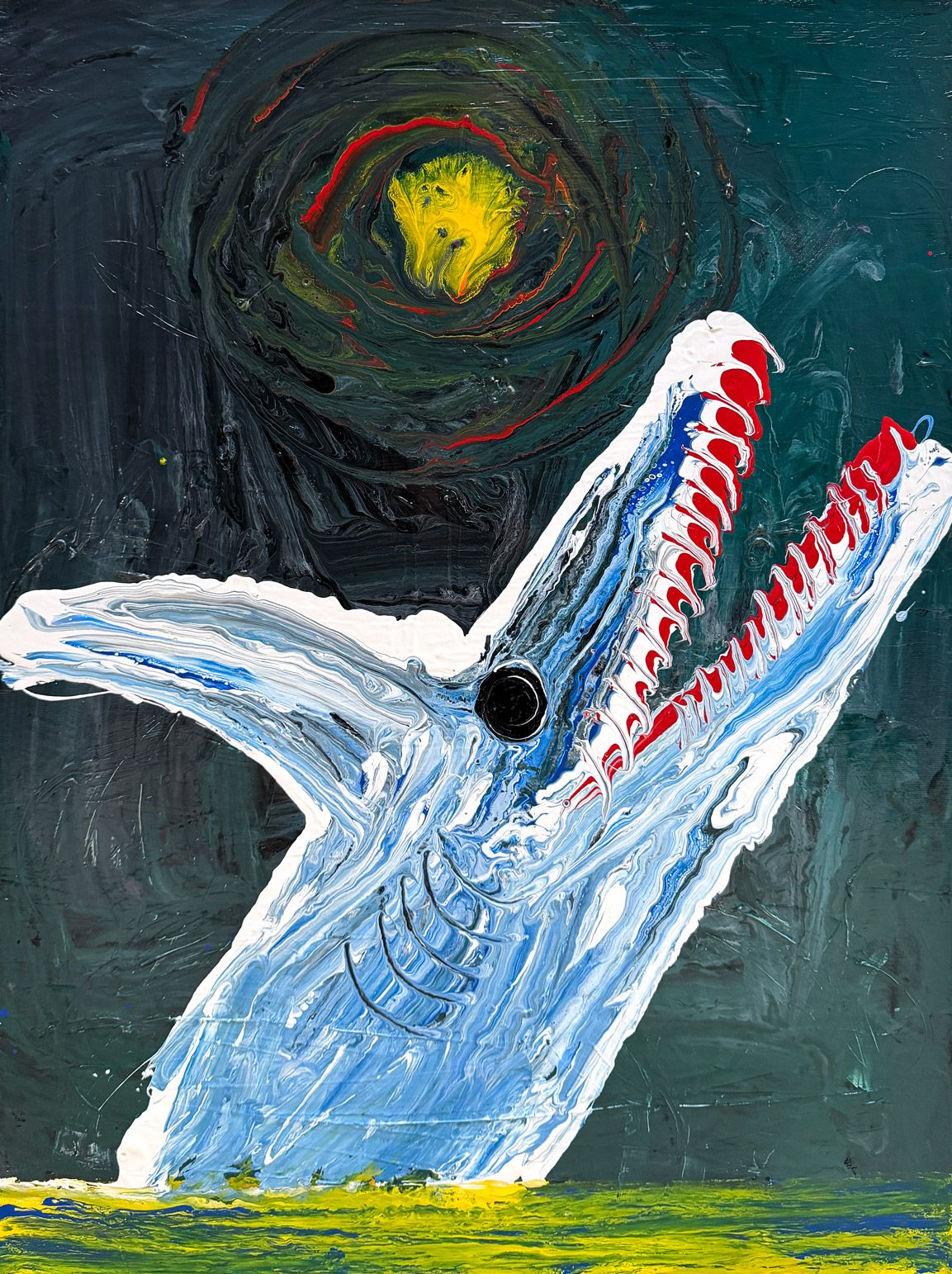 Maleri af en hval-lignende figur med åben mund i blå og hvide farver under en gul sol.