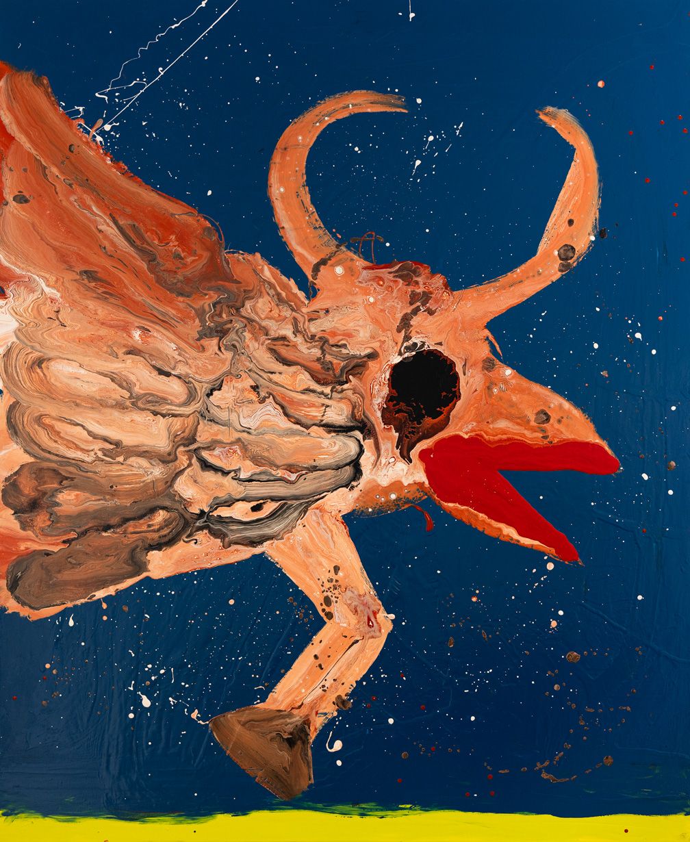 Acrylic painting by Frederik Næblerød depicting an orange horned, bull-like creature with a red mouth against a deep blue background.