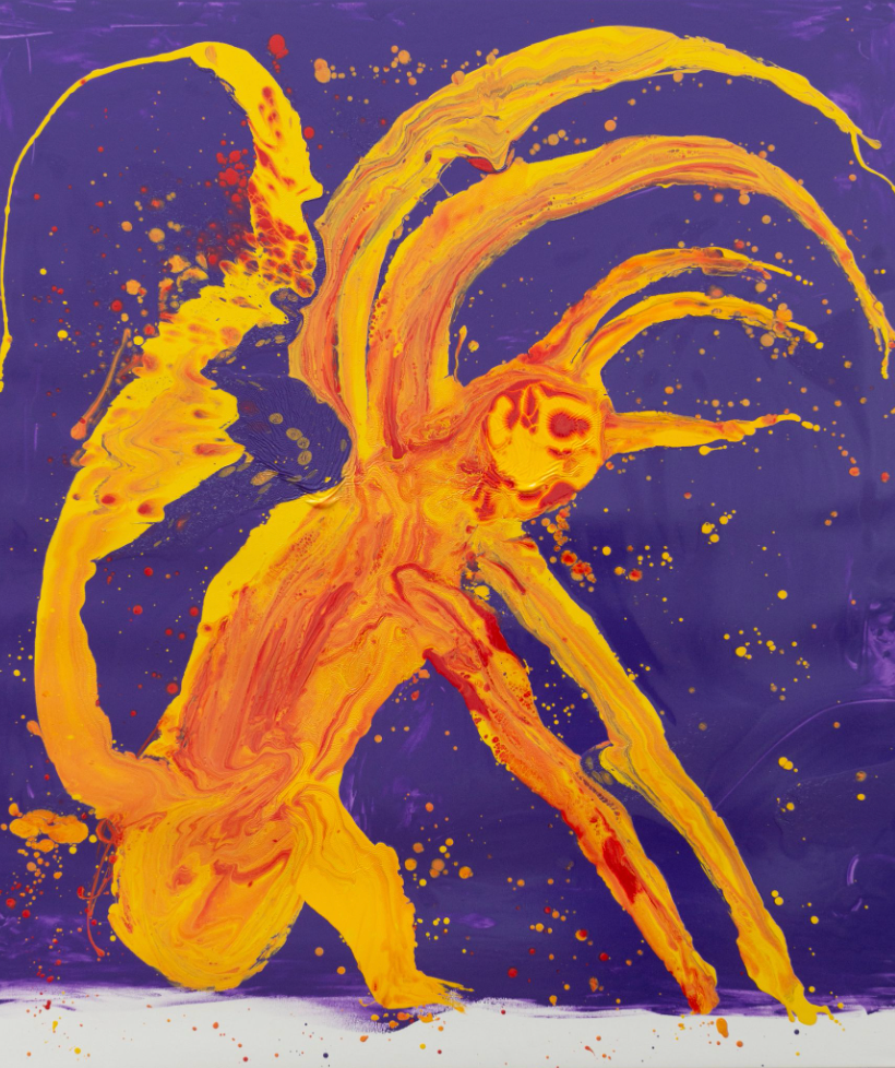 Bright red one-eyed fantasy figure riding a black bicycle-like vehicle against a textured blue background.