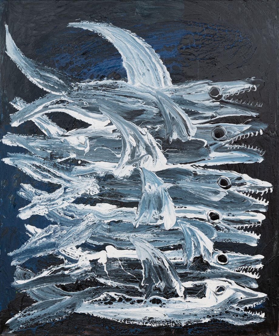 Painting of a dense group of stylised fish in white and blue tones against a dark background.