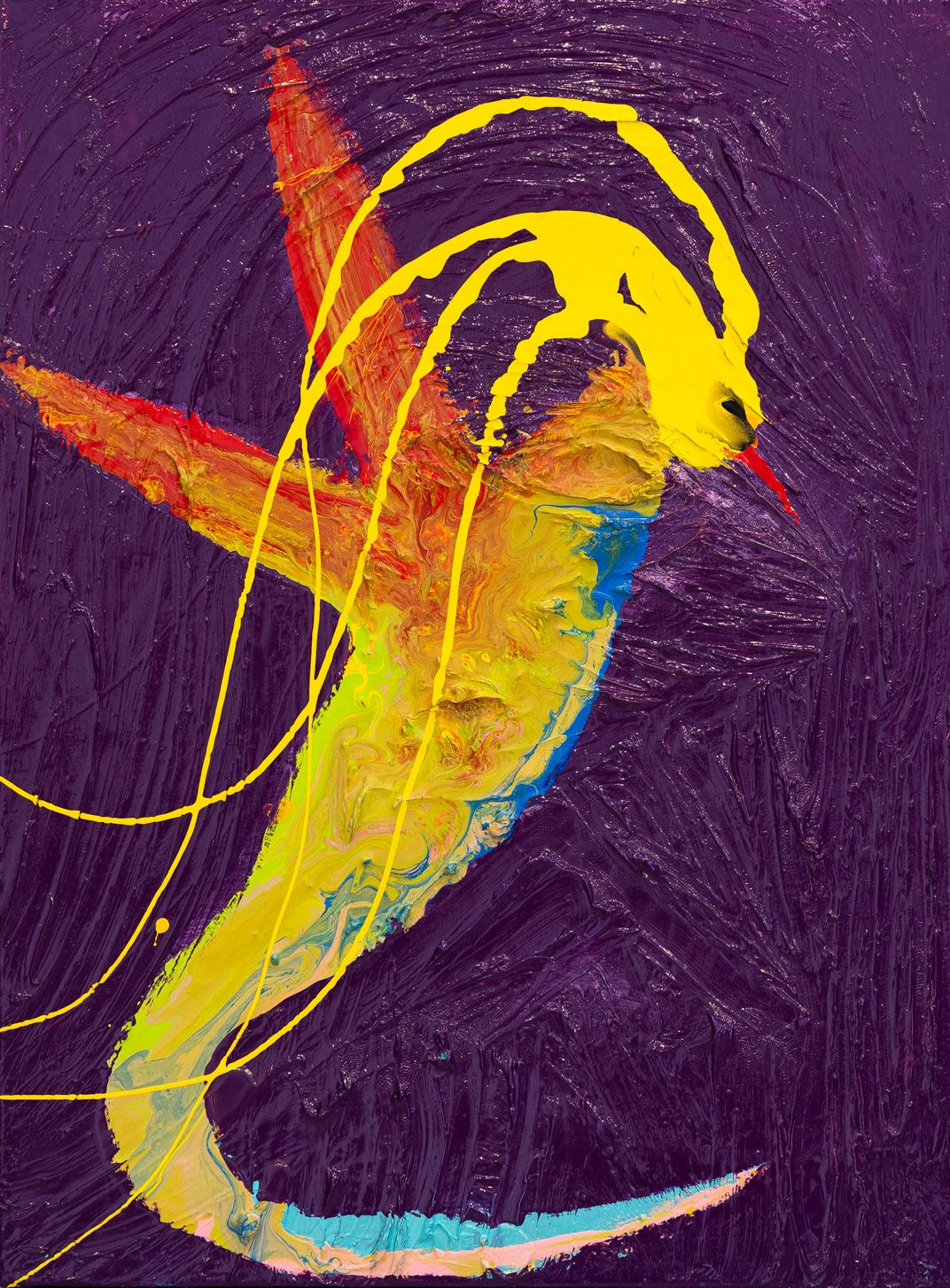 Akrylmaleri af Frederik Næblerød med en farverig, fuglelignende figur og gule linjer mod en violet baggrund.