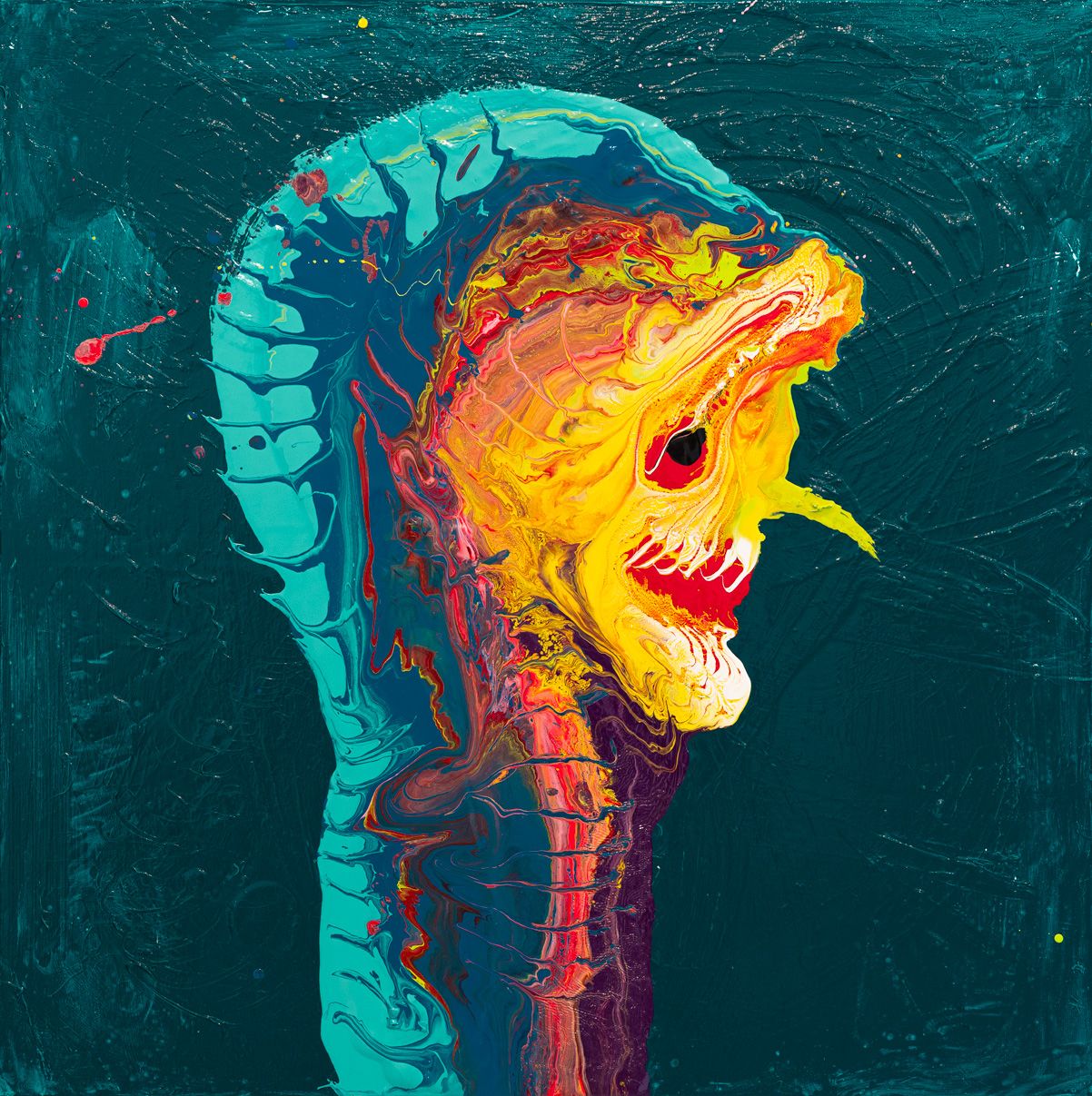 Acrylic painting by Frederik Næblerød depicting a grotesque yellow and orange figure with an elongated neck against a dark turquoise background.
