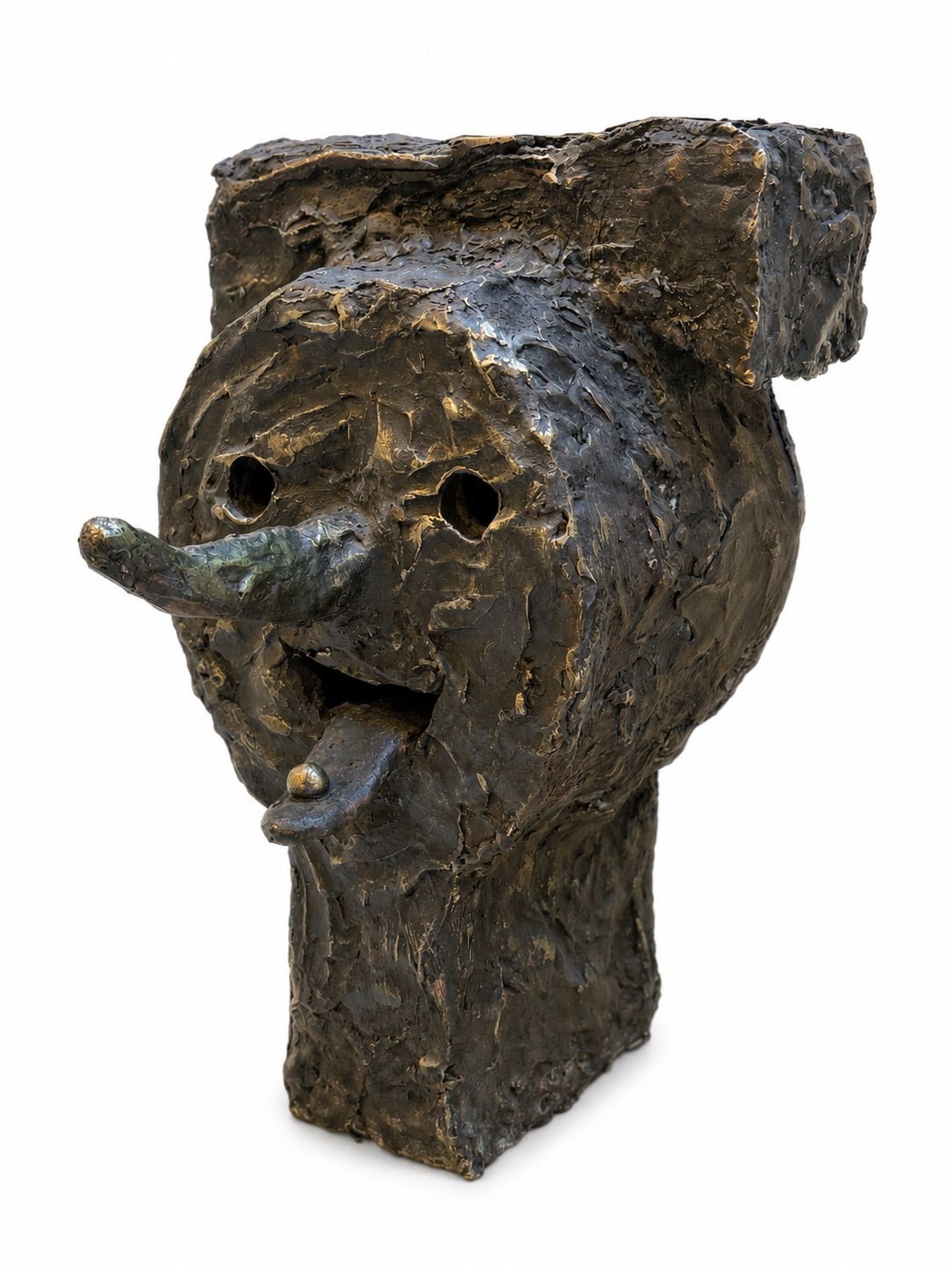 Bronze sculpture of a stylised head with a long nose, protruding tongue, and heavily textured surface.