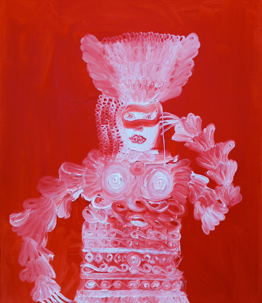 Stylised masked figure in a pink costume against a vivid red background.