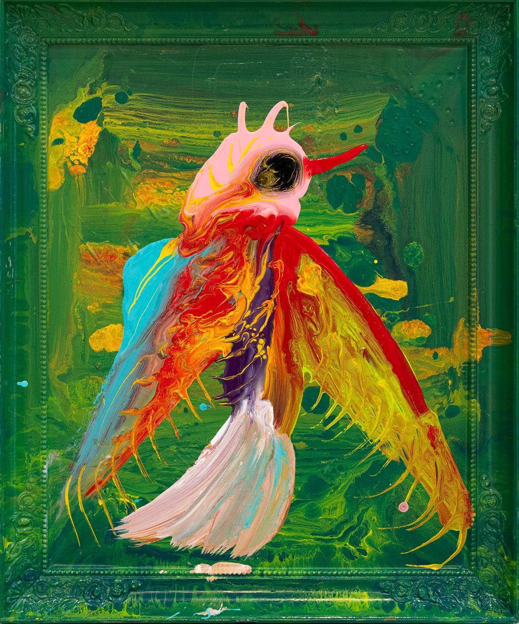 Painting by Frederik Næblerød depicting a colourful bird-like fantasy creature against a green background in a painted green frame.