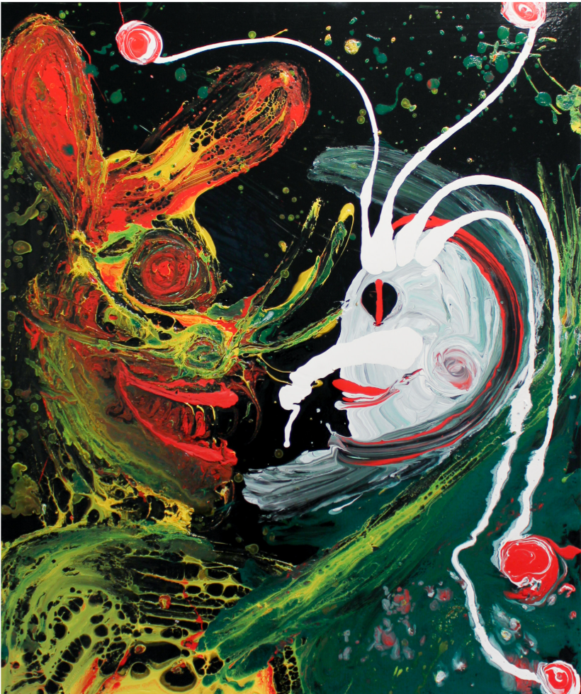 Two surreal faces confronting each other in a colourful composition of red, green, white, and black organic forms.