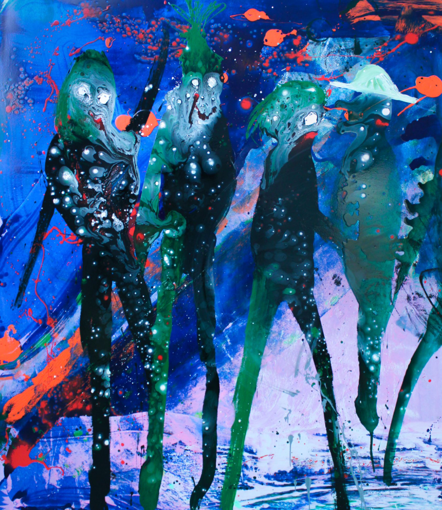 Four expressive green figures standing together in a vivid blue landscape with colourful splashes and abstract forms.