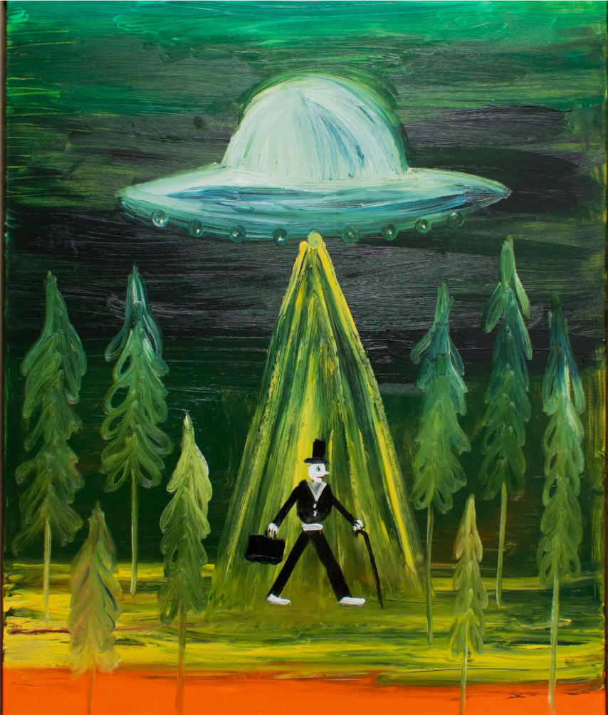 Figure in black walking through a forest beneath a hovering flying saucer casting a beam of light.