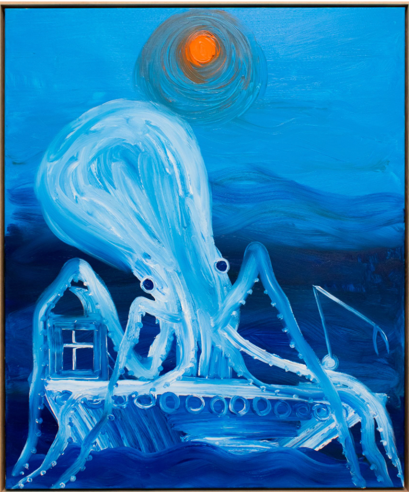 Large white squid resting on a boat in a dark blue sea beneath an orange sun.