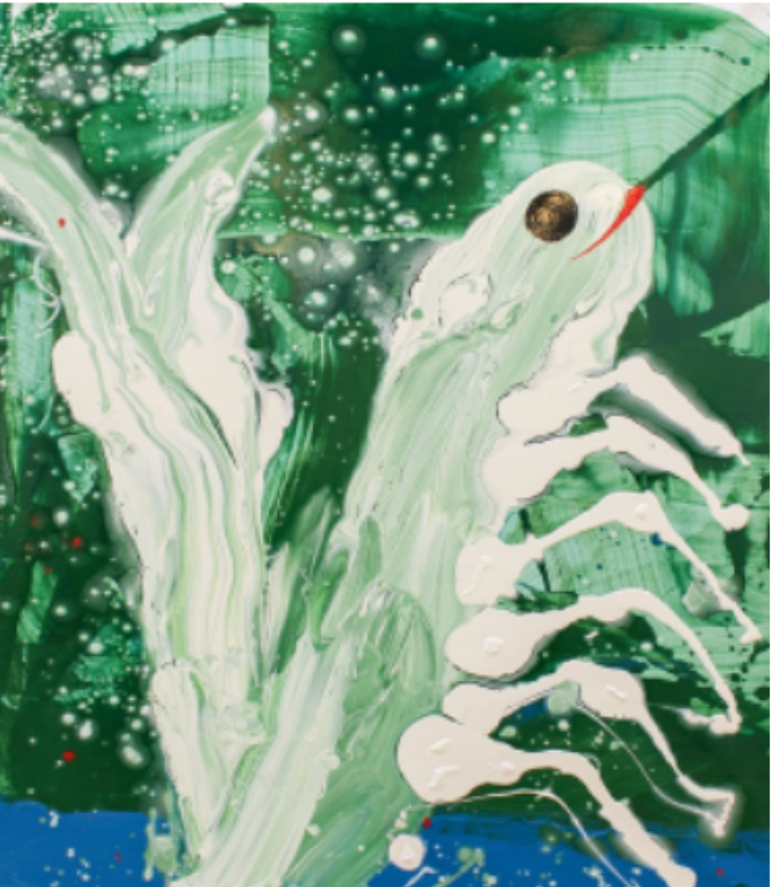 Abstract white and green creature with organic forms against a dark green background.