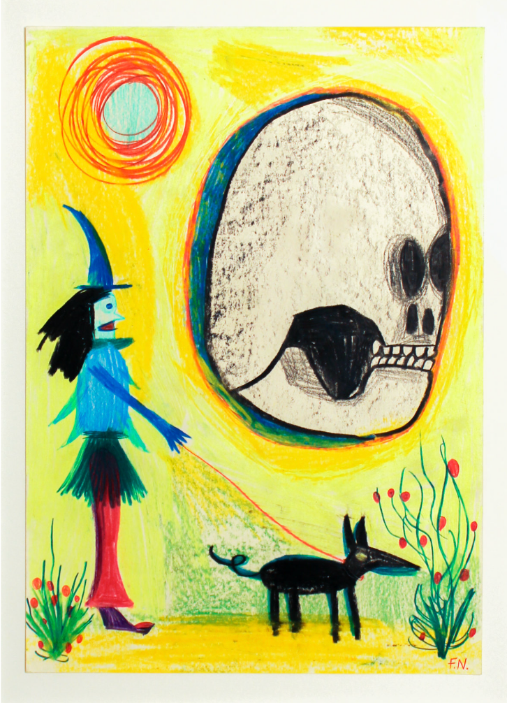 Colourful drawing of a witch-like figure, a black dog, and a large floating skull against a bright yellow background.