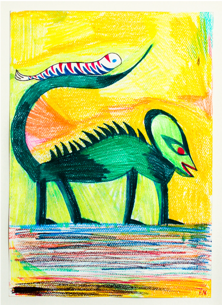 Colourful drawing of a green fantasy creature with a long neck balancing a small fish on its head.