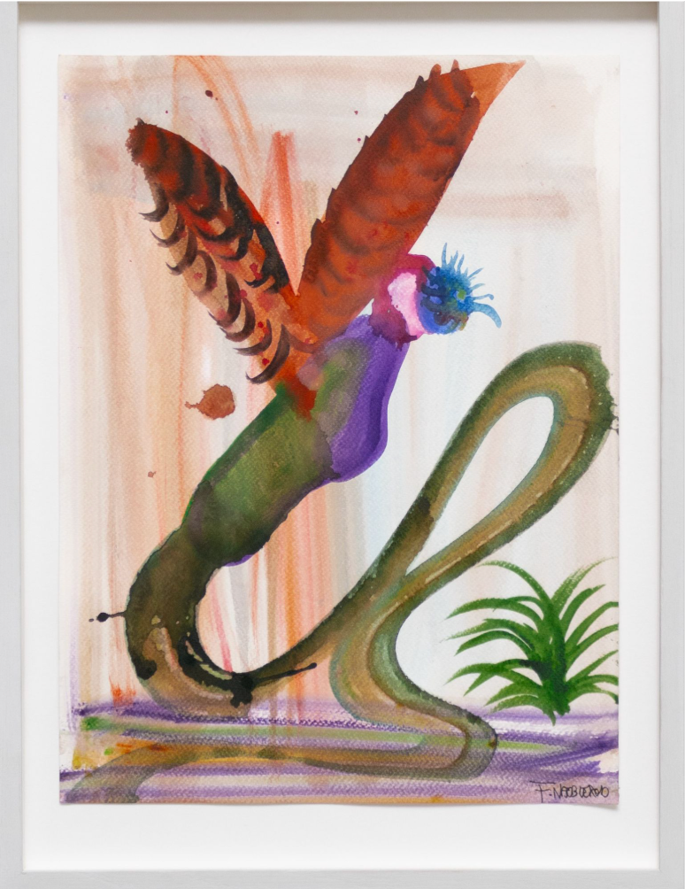 Colourful watercolour of a fantasy bird-like creature with a long green body and large brown wings.