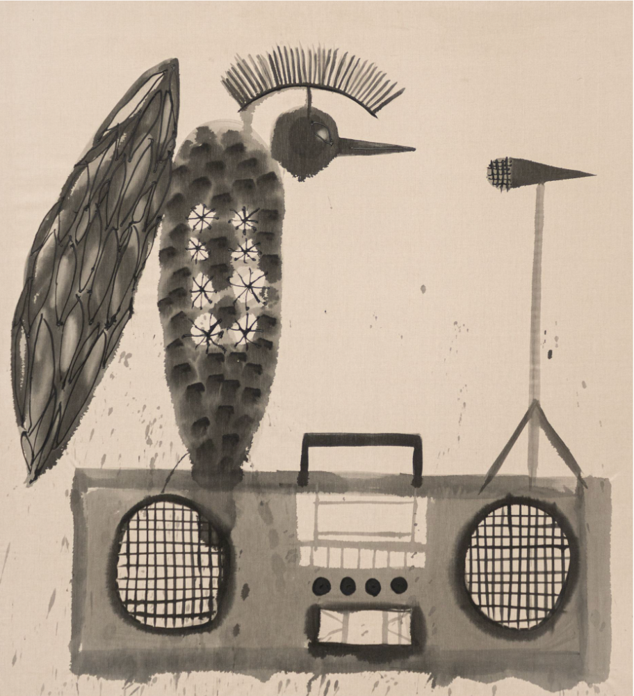 Black-and-white painting of a large bird-like figure standing on a boombox beside a microphone on a stand.